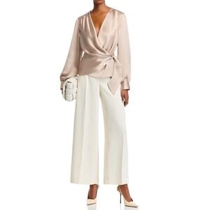 Aqua Champagne‎ Satin Wrap Blouse XS Long Sleeve Tie Front Party Cocktail Top